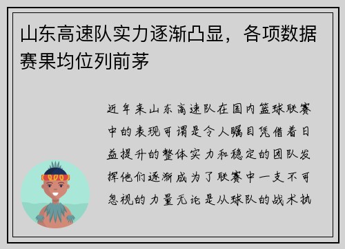 山东高速队实力逐渐凸显，各项数据赛果均位列前茅